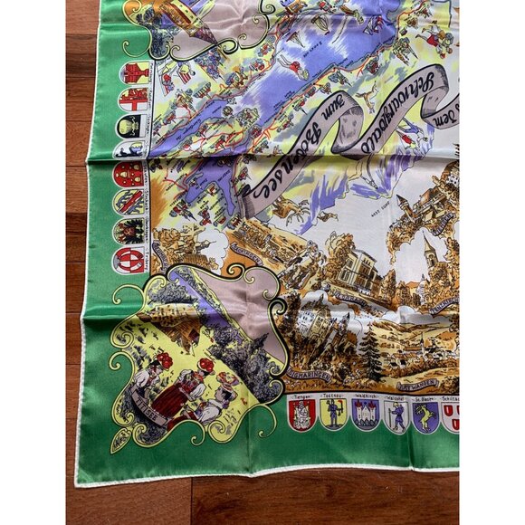Vintage 1970s Map Scarf of Europe Landmarks Flags 28"x28" Rayon Square - Picture 2 of 8
